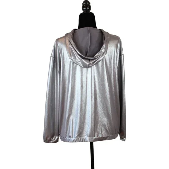 H&M Coachella Silver Sports Jacket Size Medium Zipper Hoodie Metallic D203 - Picture 10 of 14